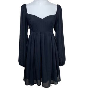 Abercrombie & Fitch Black Long Sleeve Fit & Flare Mini Dress Sweetheart Neckline